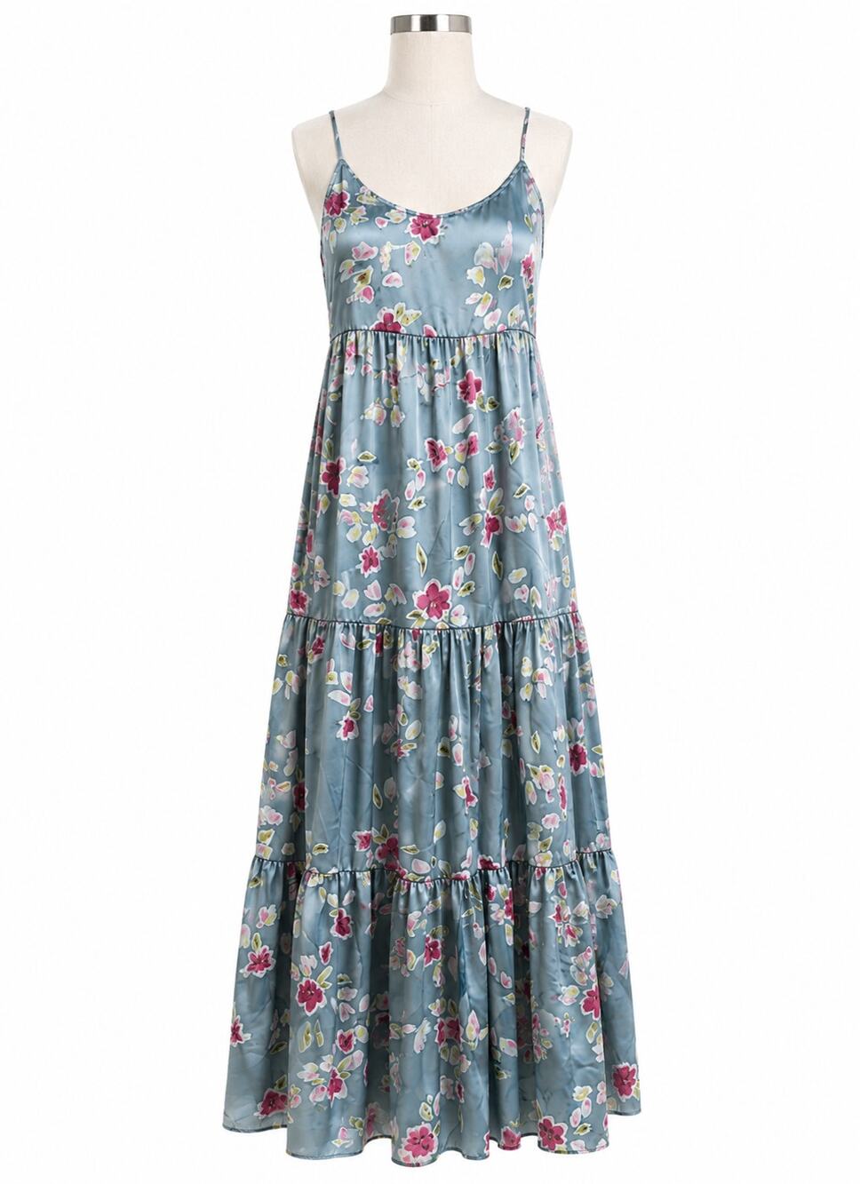 Zara Blue Satin Floral Tiered Maxi Dress - Size S